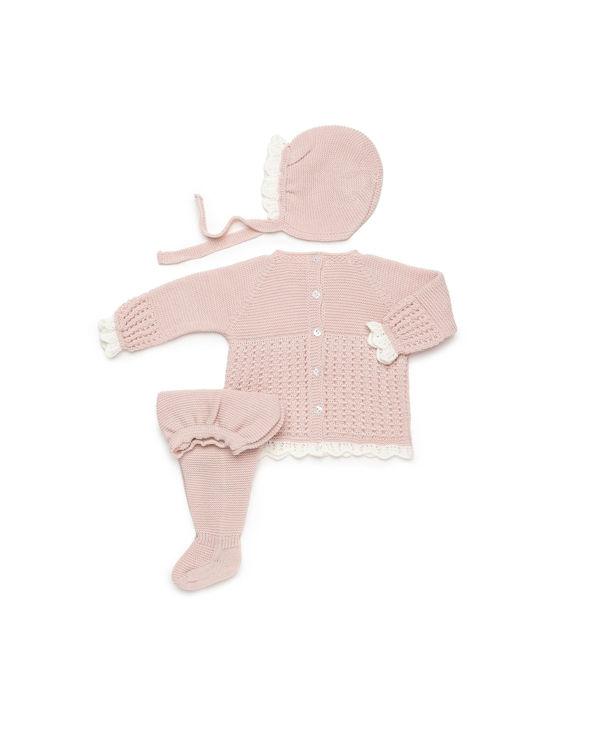Conjunto 3 piezas de punto con recogidas y puntilla - Conjunto para bebé | Juliana