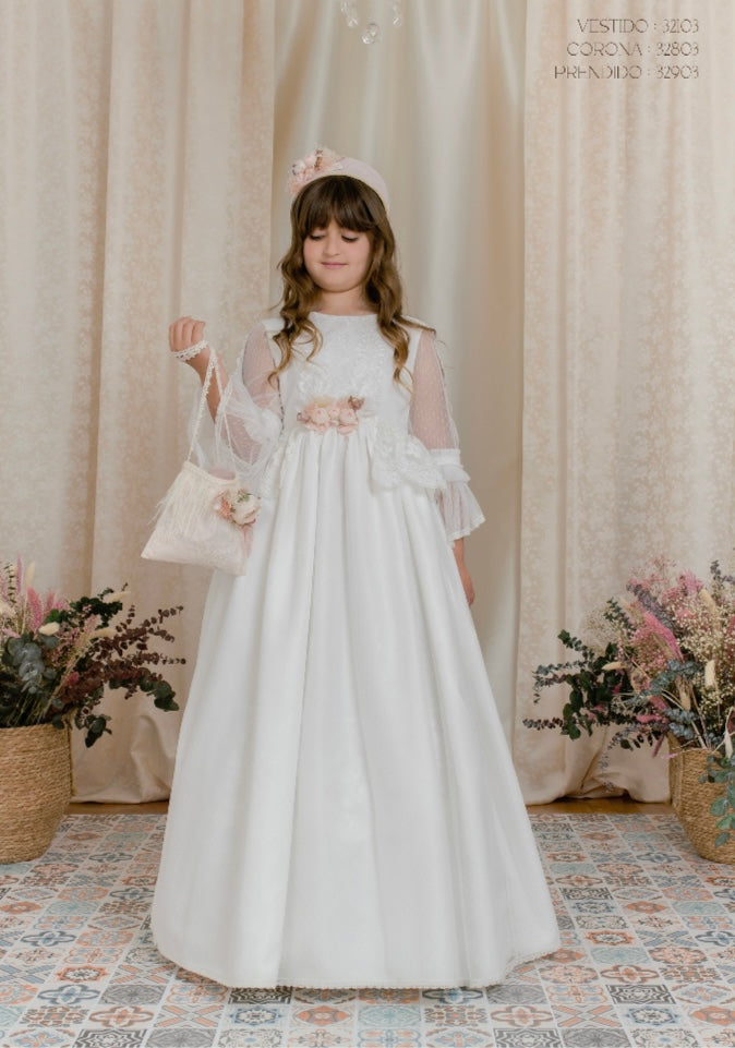 Vestido tul plumeti mangas con lazo