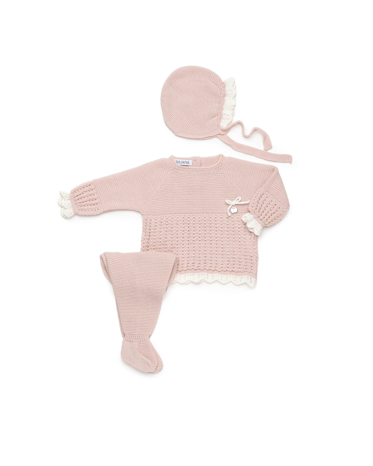 Conjunto 3 piezas de punto con recogidas y puntilla - Conjunto para bebé | Juliana