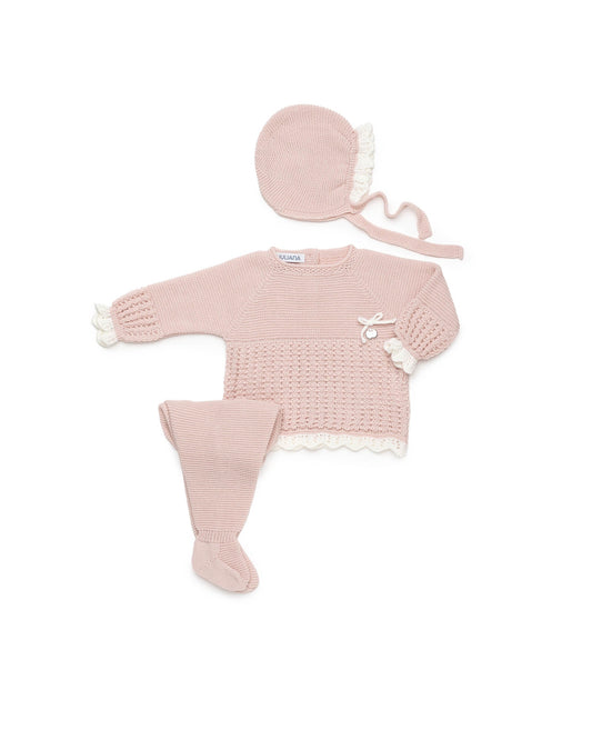 Conjunto 3 piezas de punto con recogidas y puntilla - Conjunto para bebé | Juliana
