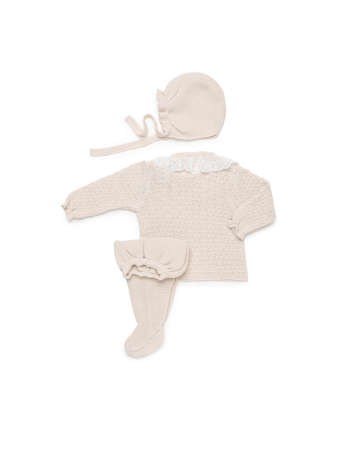 Conjunto 3 piezas de punto con recogidas y cuello de puntilla - Conjunto para bebé | Juliana