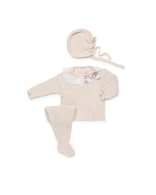 Conjunto 3 piezas de punto con recogidas y cuello de puntilla - Conjunto para bebé | Juliana