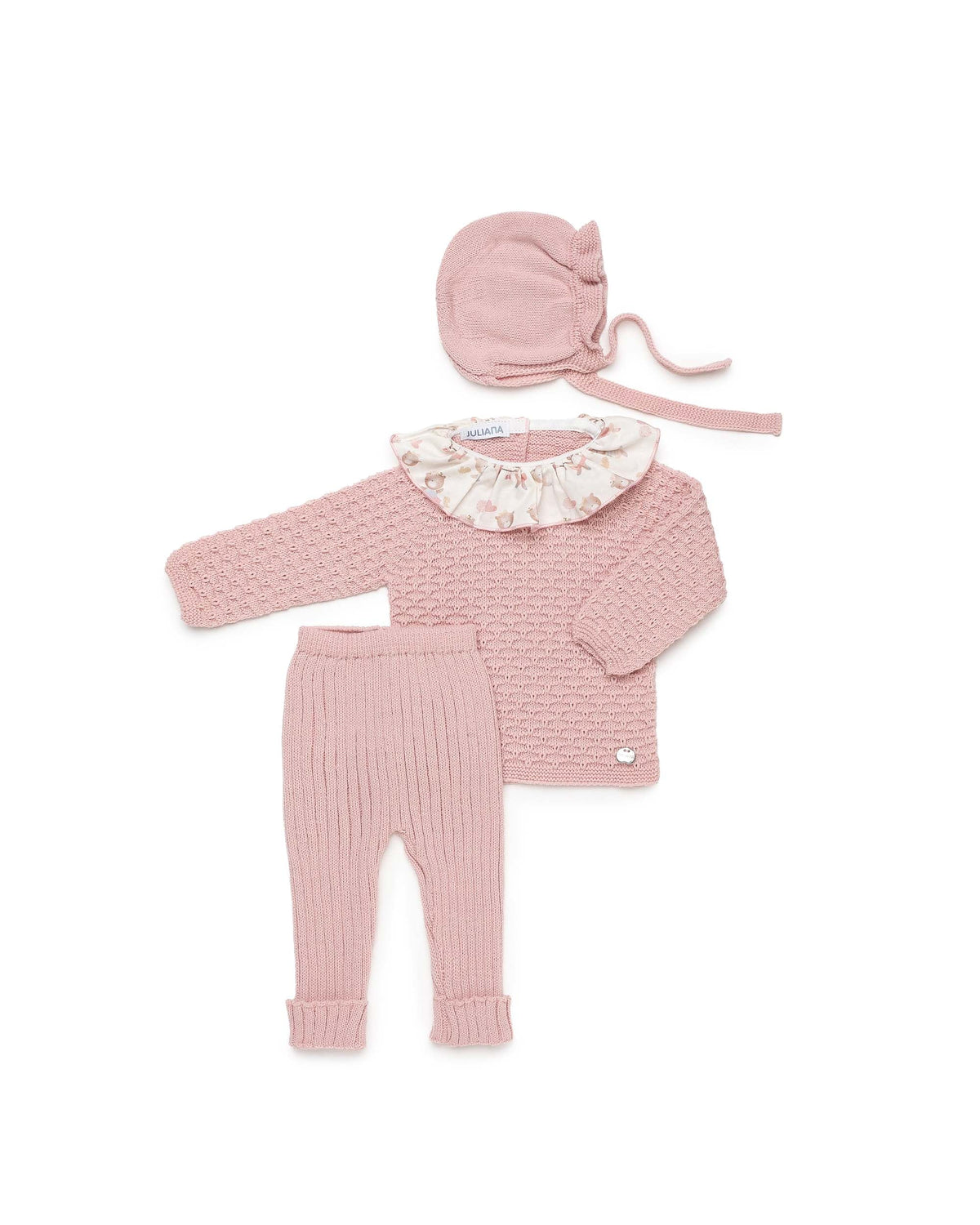 Conjunto 3 piezas de punto con cuello de volante de muñecas - Conjunto para bebé | Juliana