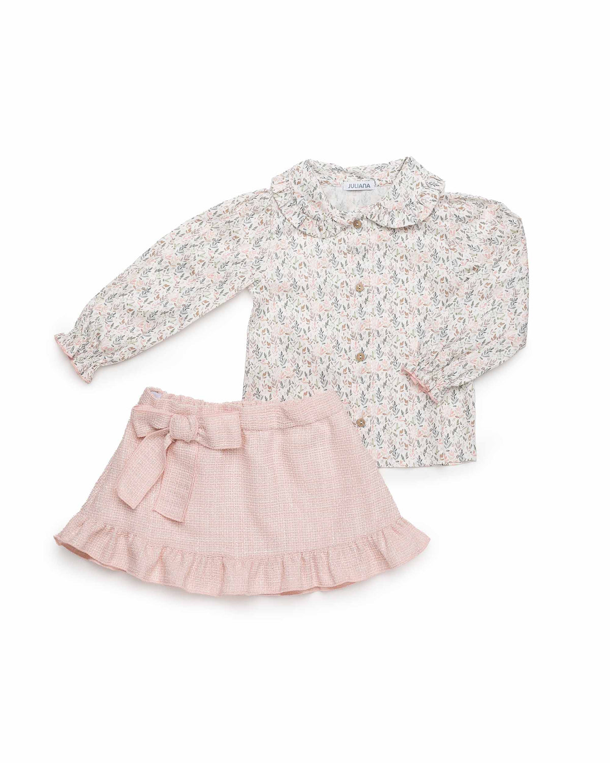 Conjunto de camisa de ramitas y falda con lazo - Conjunto para niña | Juliana
