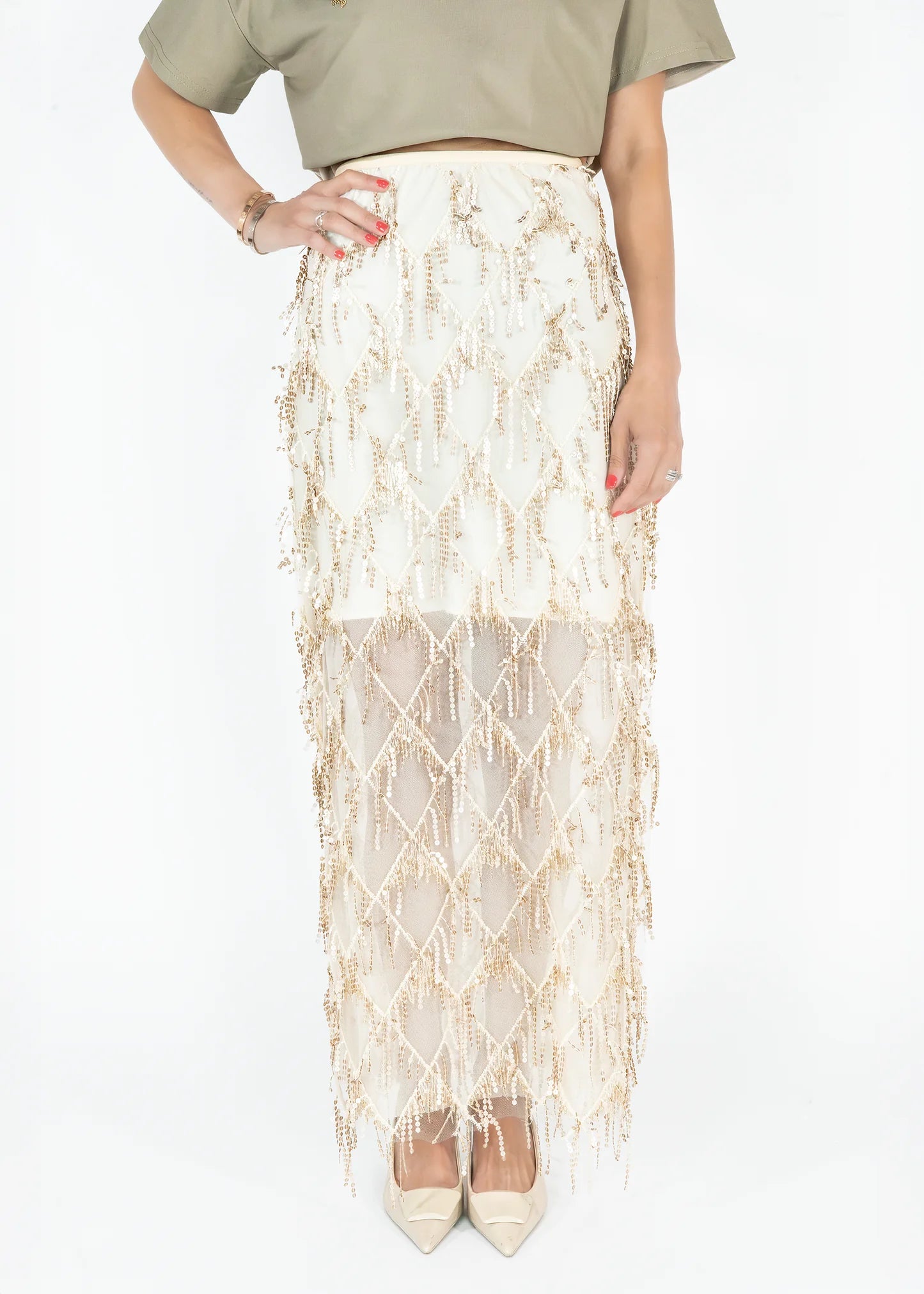 Falda de Tul lentejuela Beige
