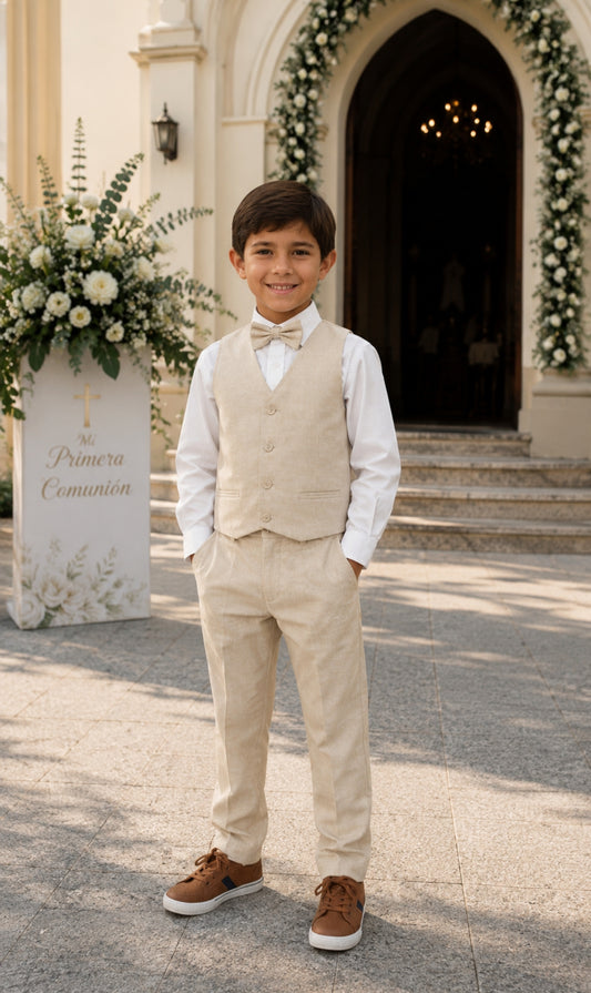 Traje con chaleco color beige a rayas