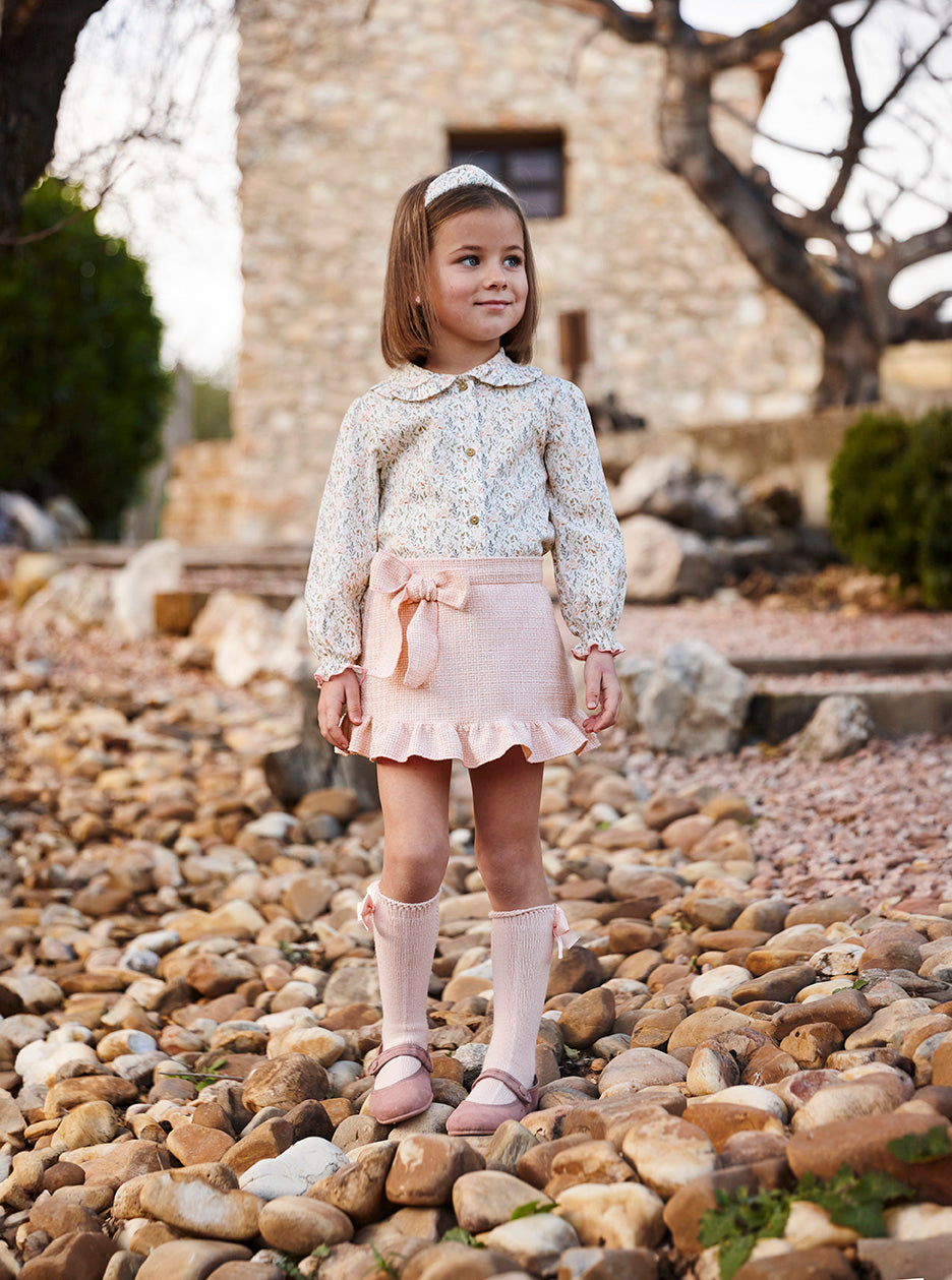 Conjunto de camisa de ramitas y falda con lazo - Conjunto para niña | Juliana